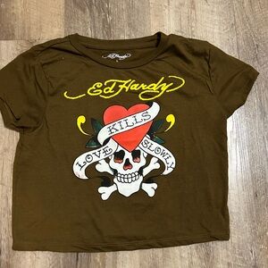 Ed Hardy Brown Crop Top with Skull and Heart Design
